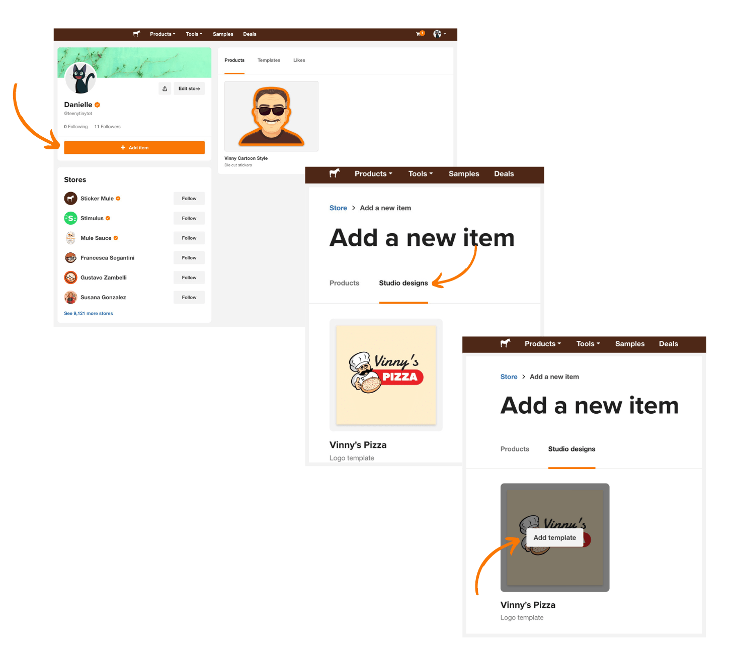 step by step process of how to add a studio template to your sticker mule store