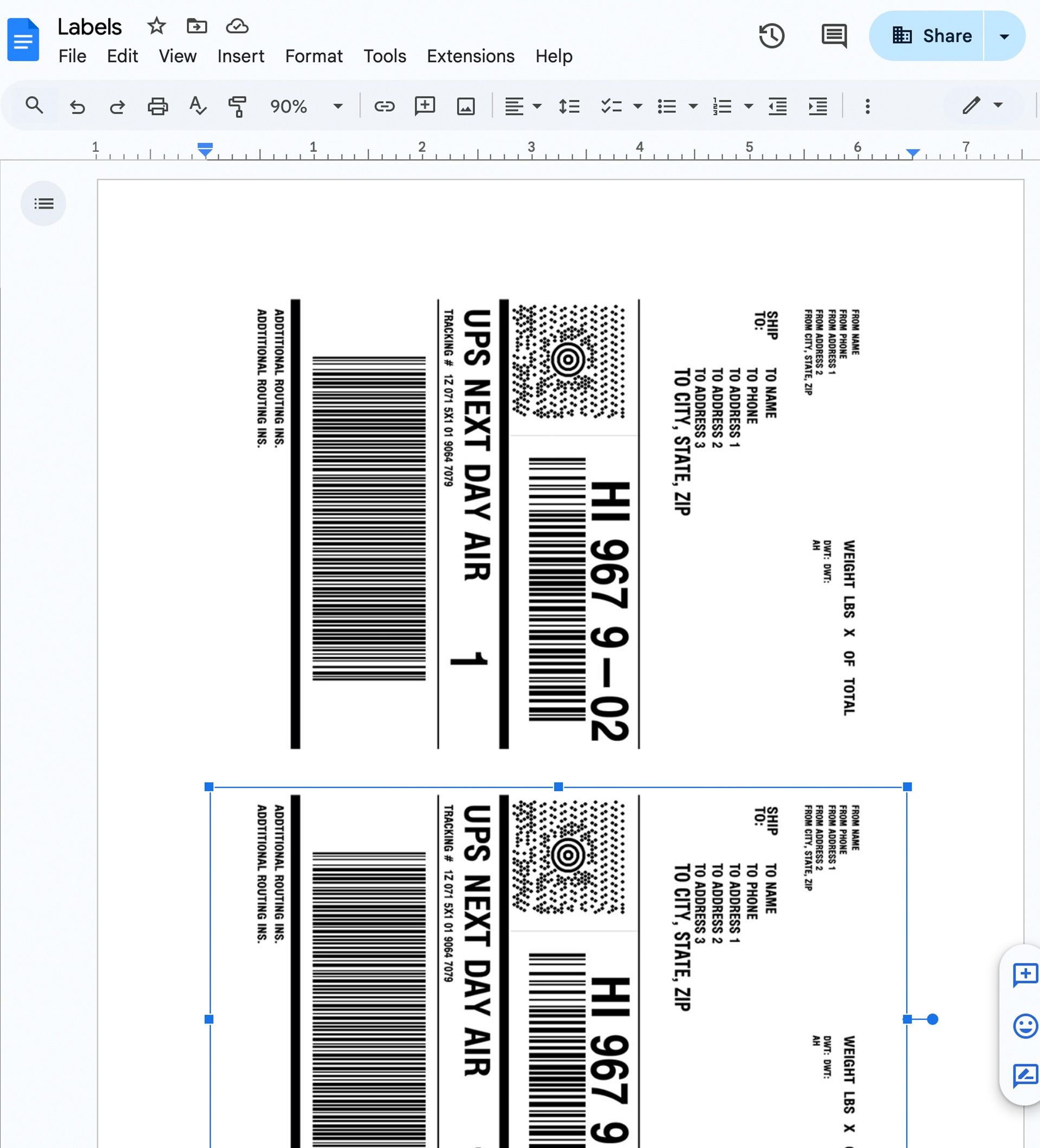 saving money by printing two ups labels on one page