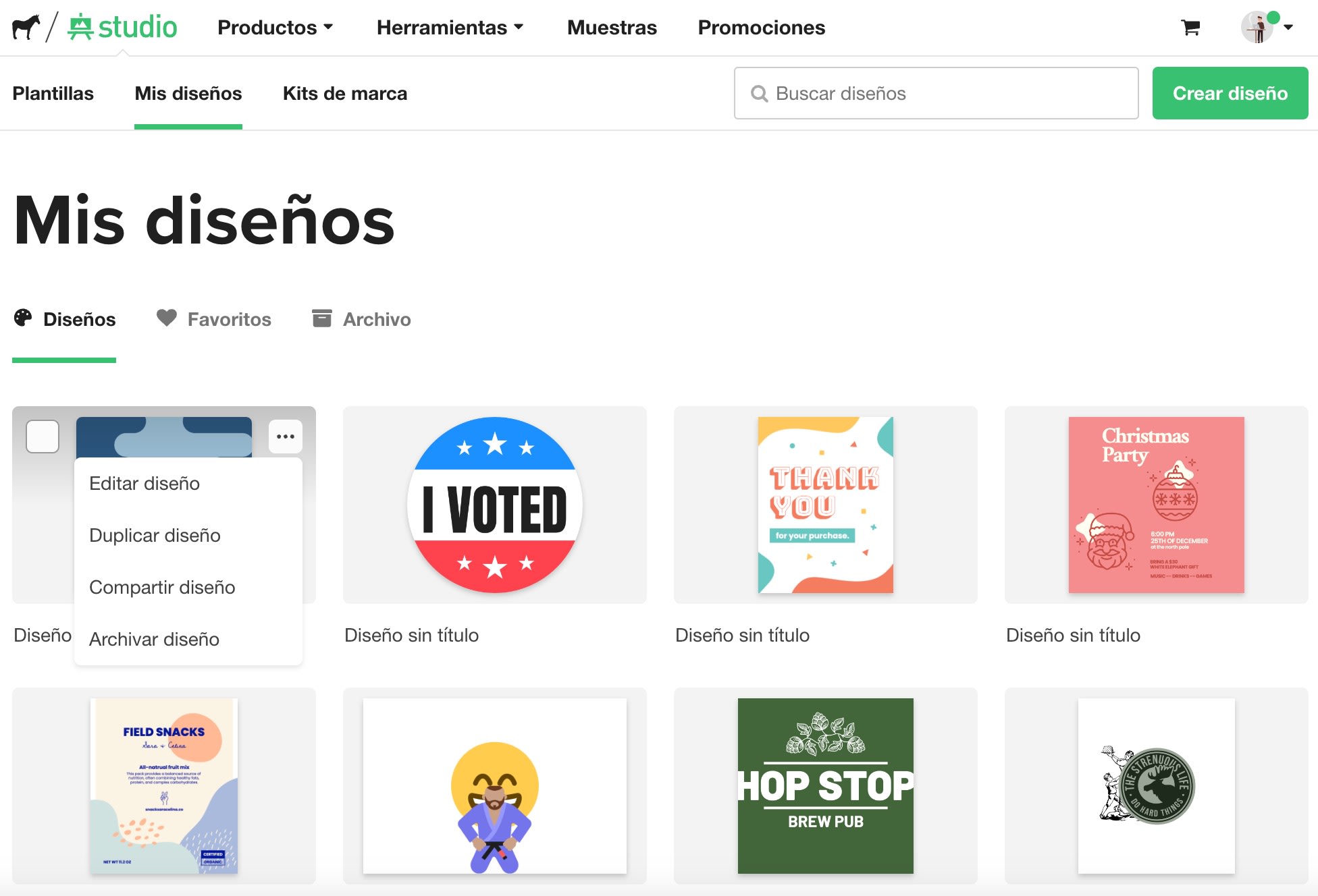 captura de pantalla de las opciones de diseño en el programa gratis de diseño online studio