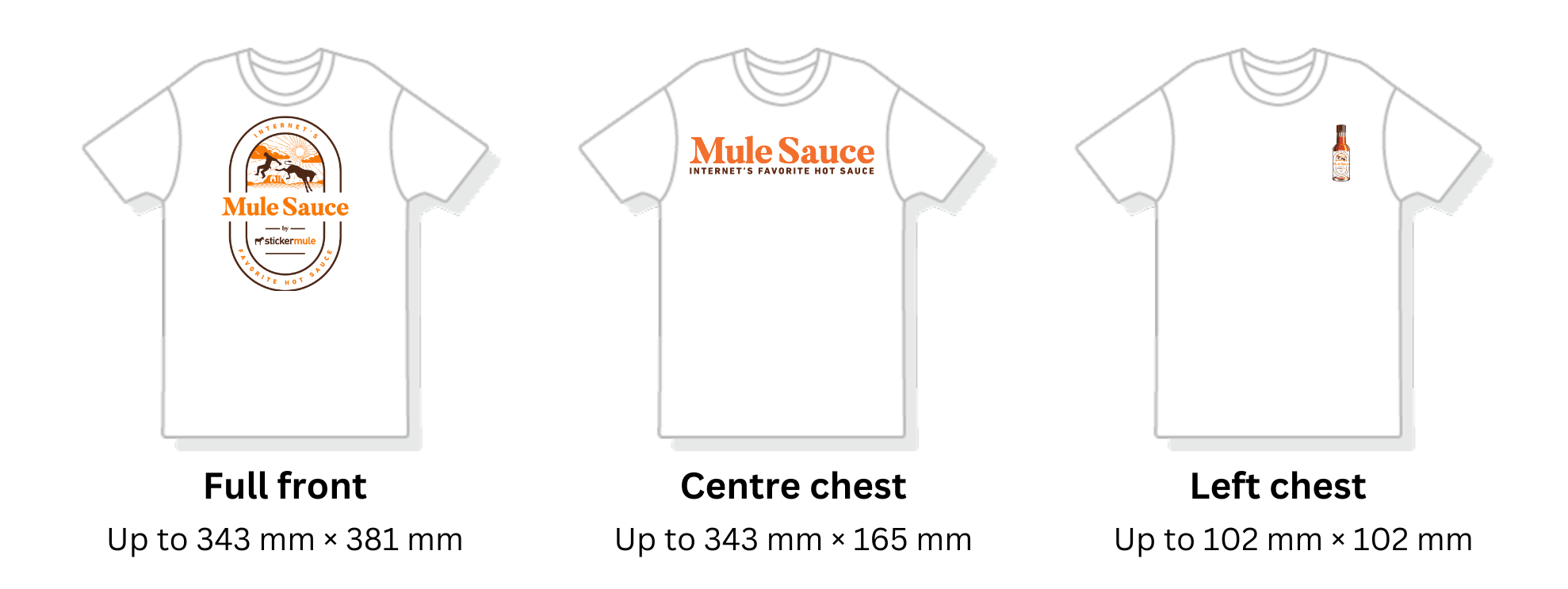 visual comparison of different print areas on custom t-shirts