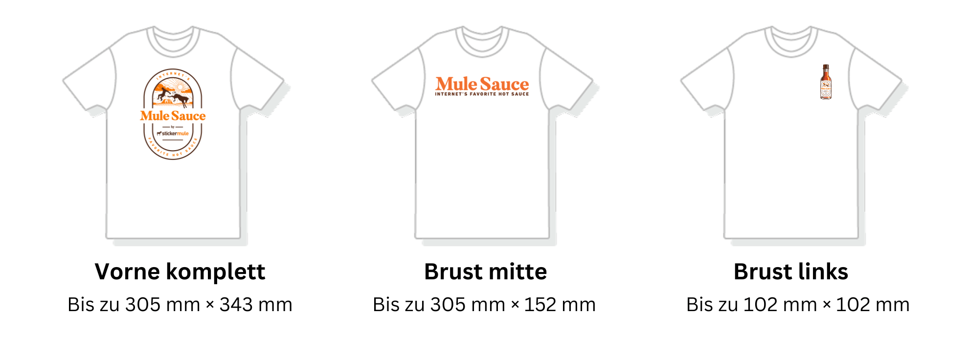 visueller Vergleich der verschiedenen Druckbereiche auf personalisierten T-Shirts