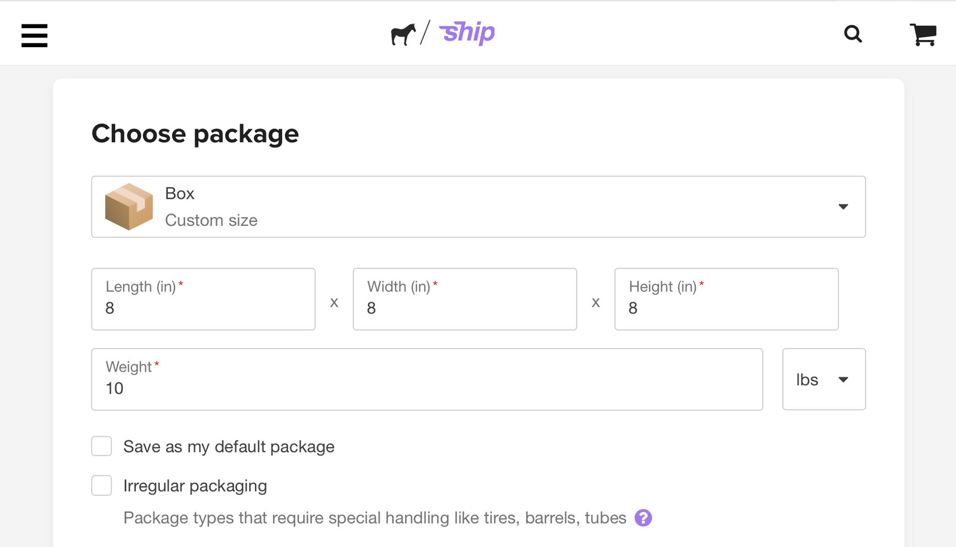 choose package information on sticker mule ship
