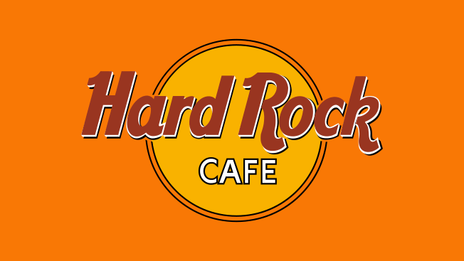 Hard Rock Cafe Logo auf orangem Hintergrund