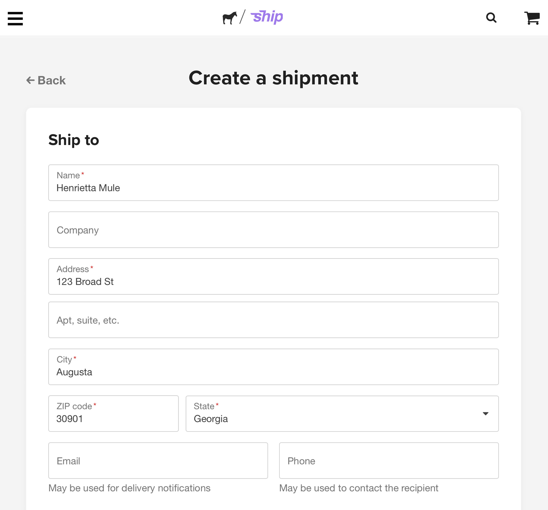 create a shipment page on sticker mule ship