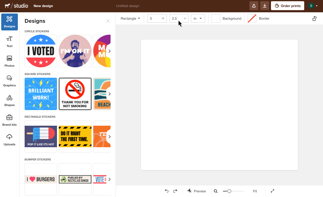 Especifique a largura e altura no Sticker Mule Studio