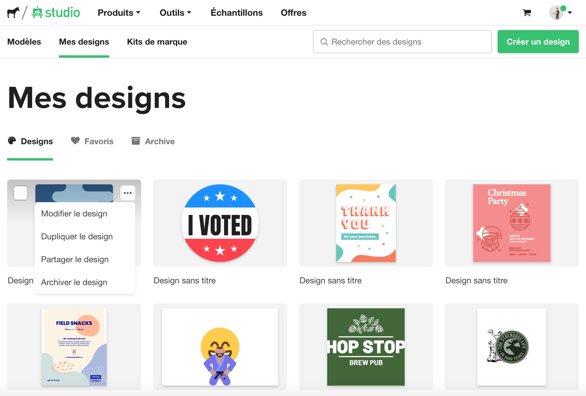 capture d'écran des options de design sur l'outil de design en ligne gratuit Studio