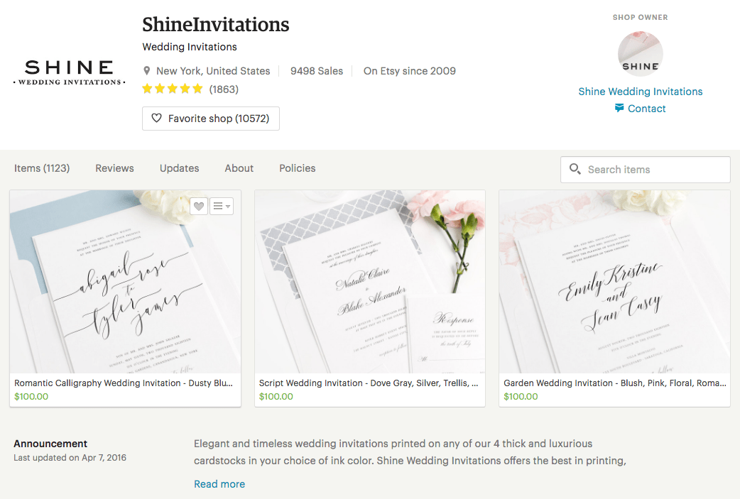 Page Etsy de Shine invitations