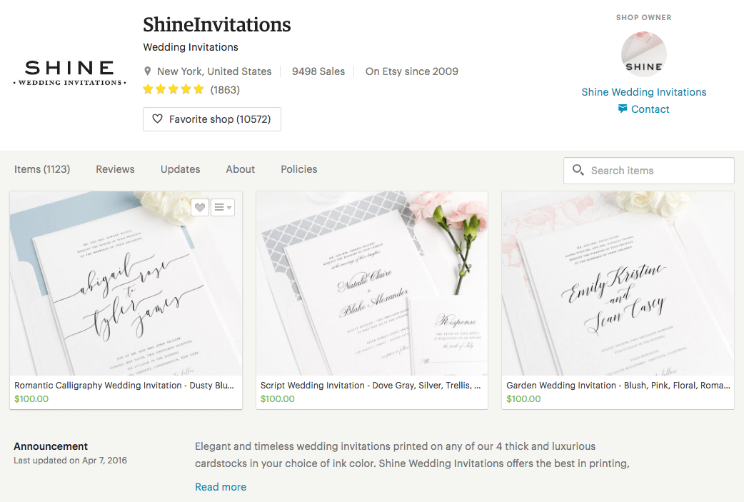 Shine Invitations Etsy-Seite