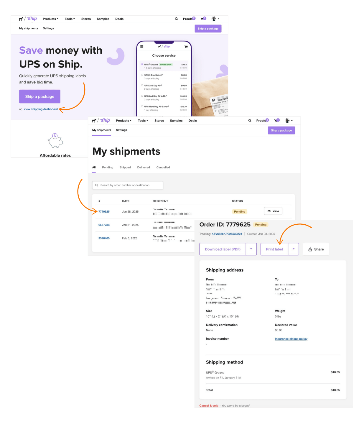 to print a ship label go to your ship dashboard, click the shipment number, then click print label