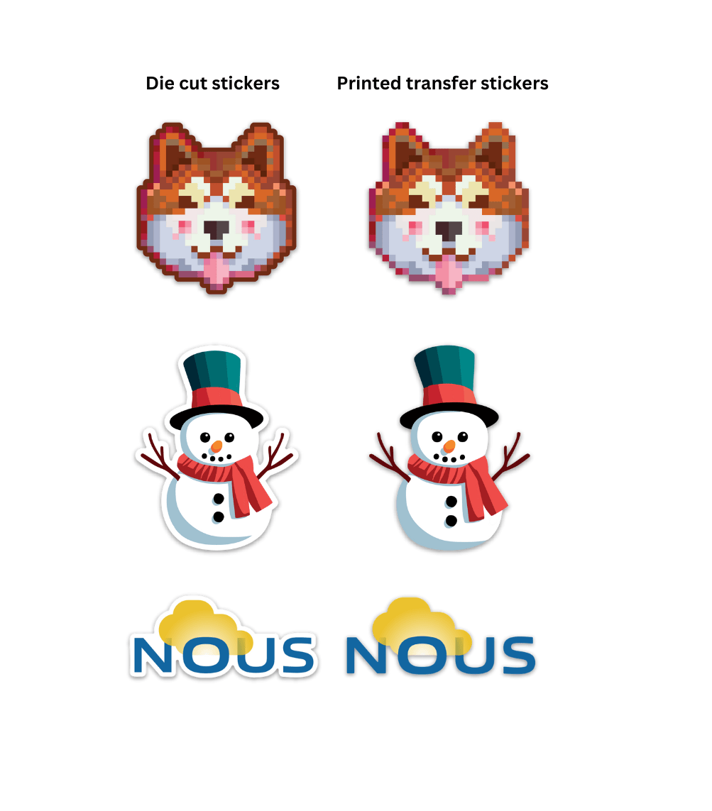examples of the differences between die cut stickers and printed transfer stickers