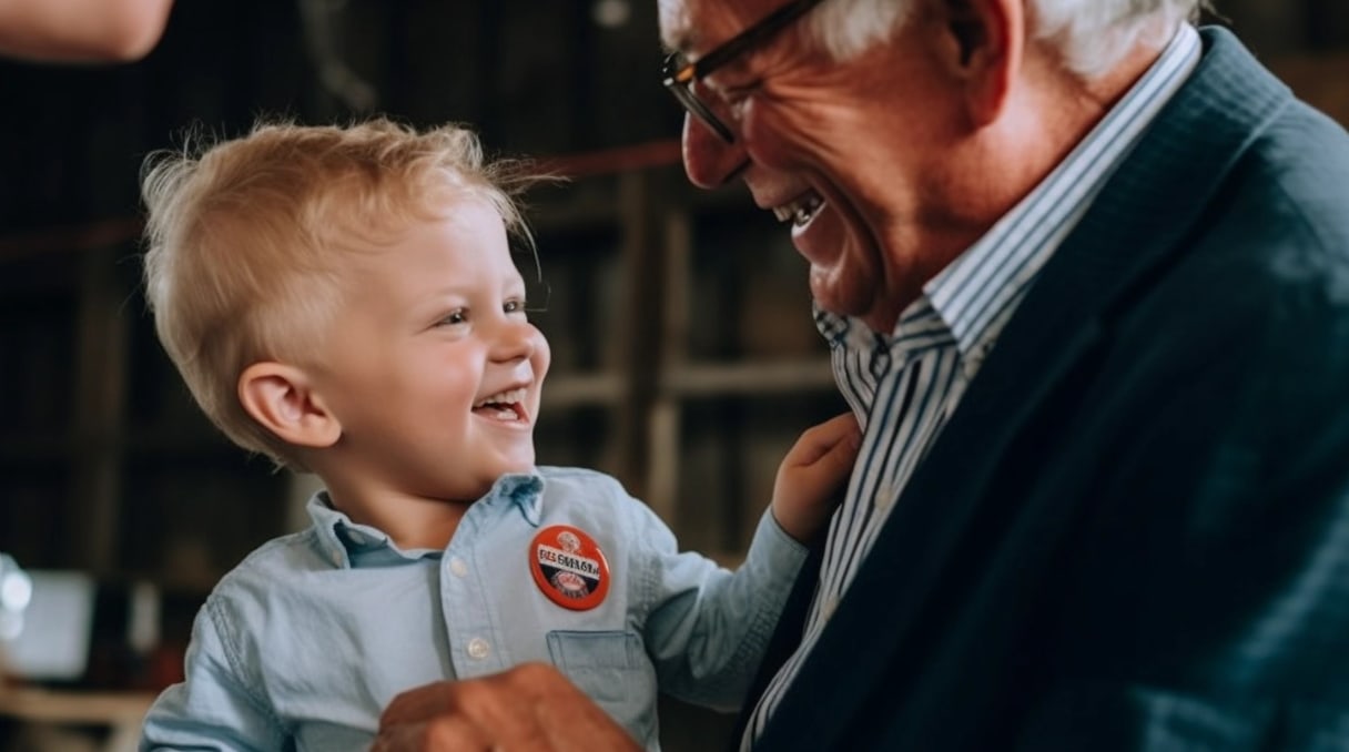 botons personalizados que deixam um avô e seu neto felizes