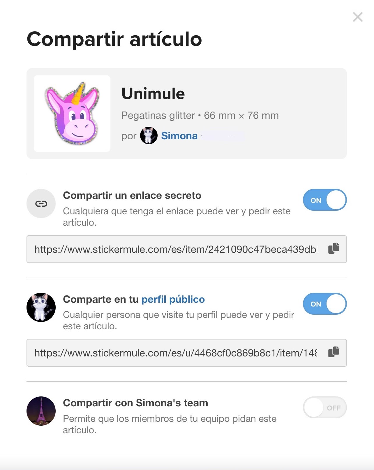 cuenta de sticker mule mostrando opciones de compartir ilustración