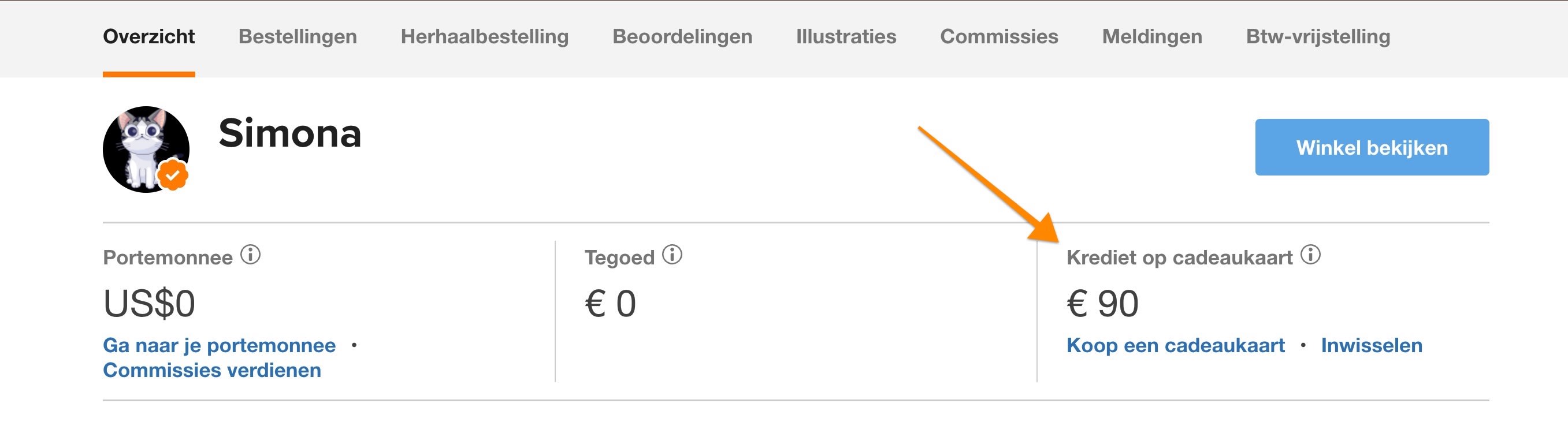 het saldo van je cadeaukaart vind je in je accountoverzicht