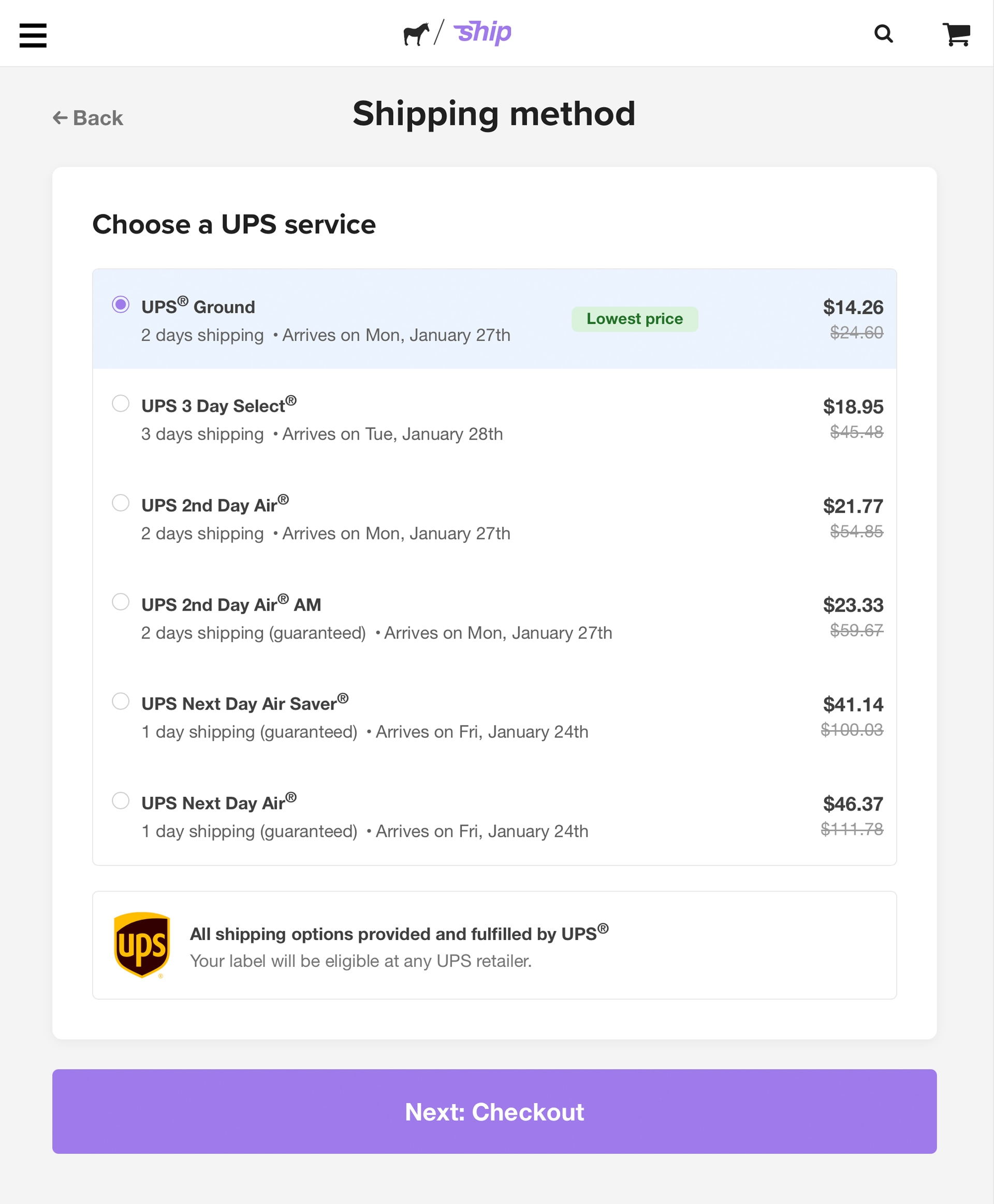 choosing a ups shipping method on sticker mule ship