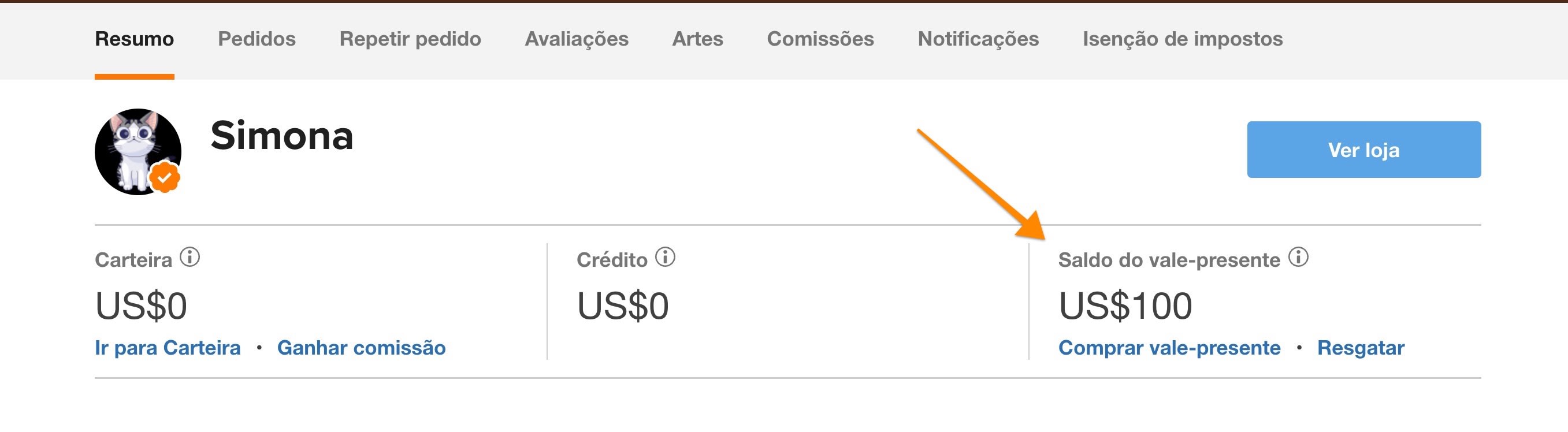 os saldos de vales-presentes ficam no resumo da sua conta