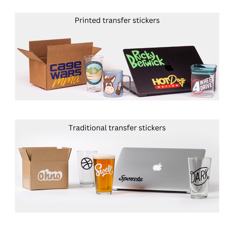printed transfer stickers and traditional transfer stickers on boxes, mugs, and laptops
