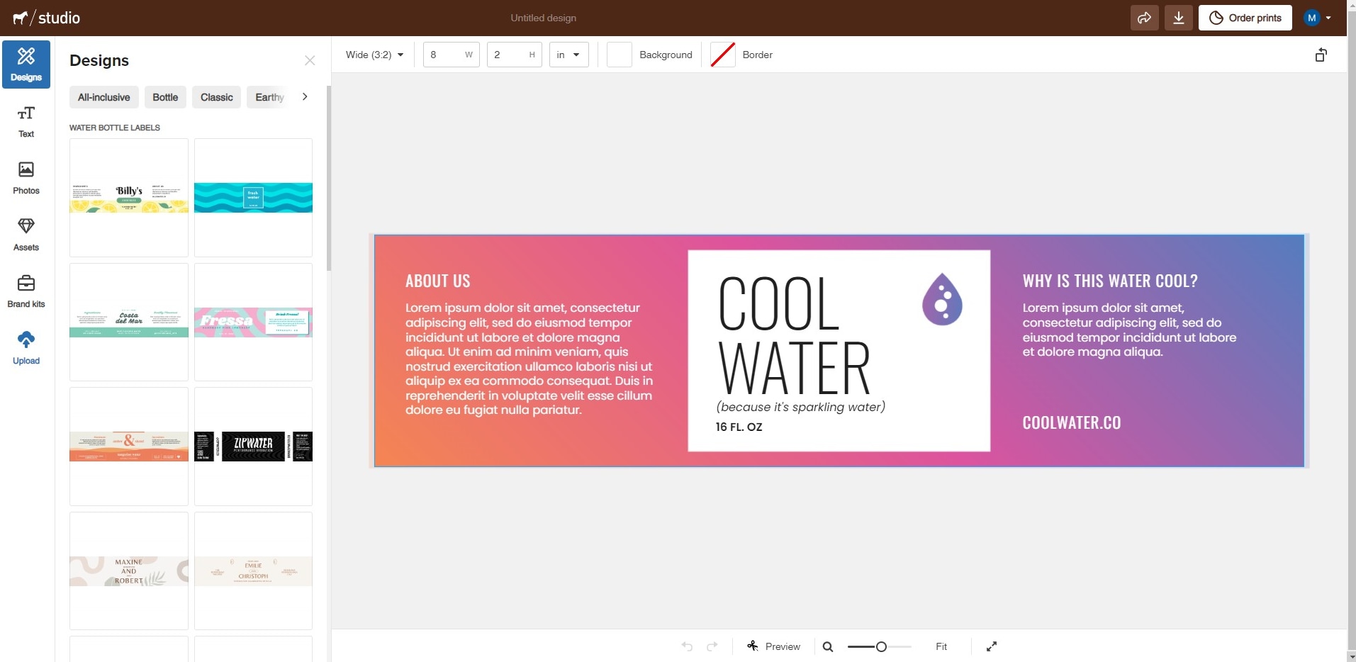 screenshot dell'editor online per etichette per bottiglie d'acqua di sticker mule