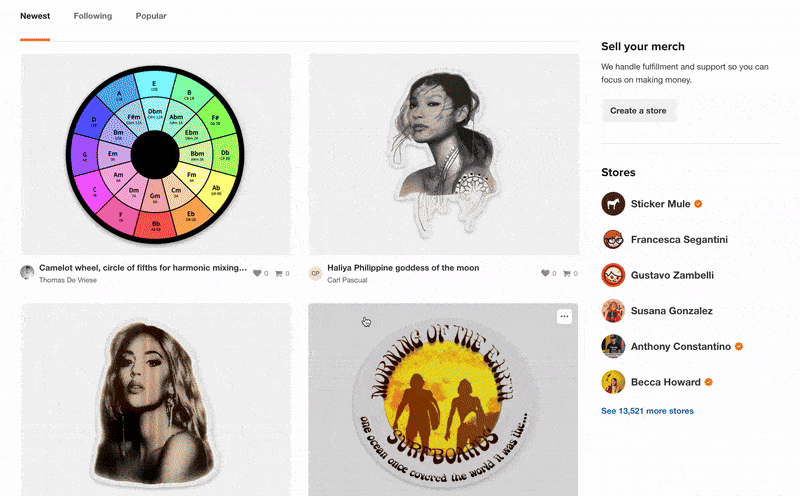 La opción de búsqueda de Tiendas de Sticker Mule, mostrando los artículos que otros usuarios han subido.