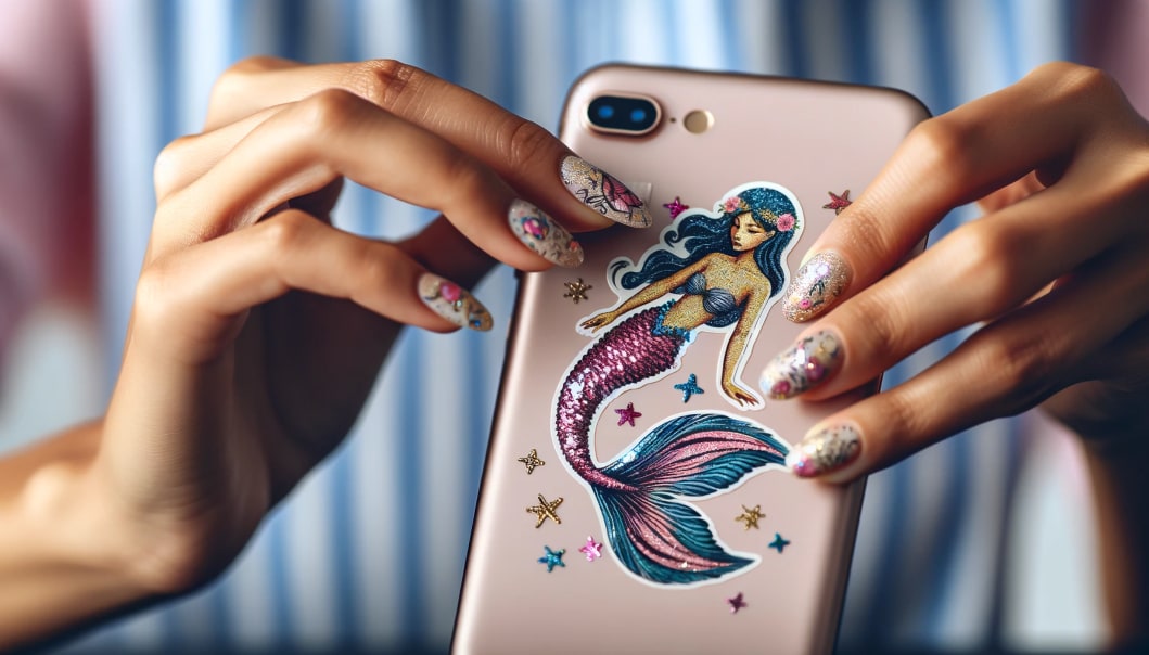 autocolante glitter personalizado de uma sereia para telemóvel