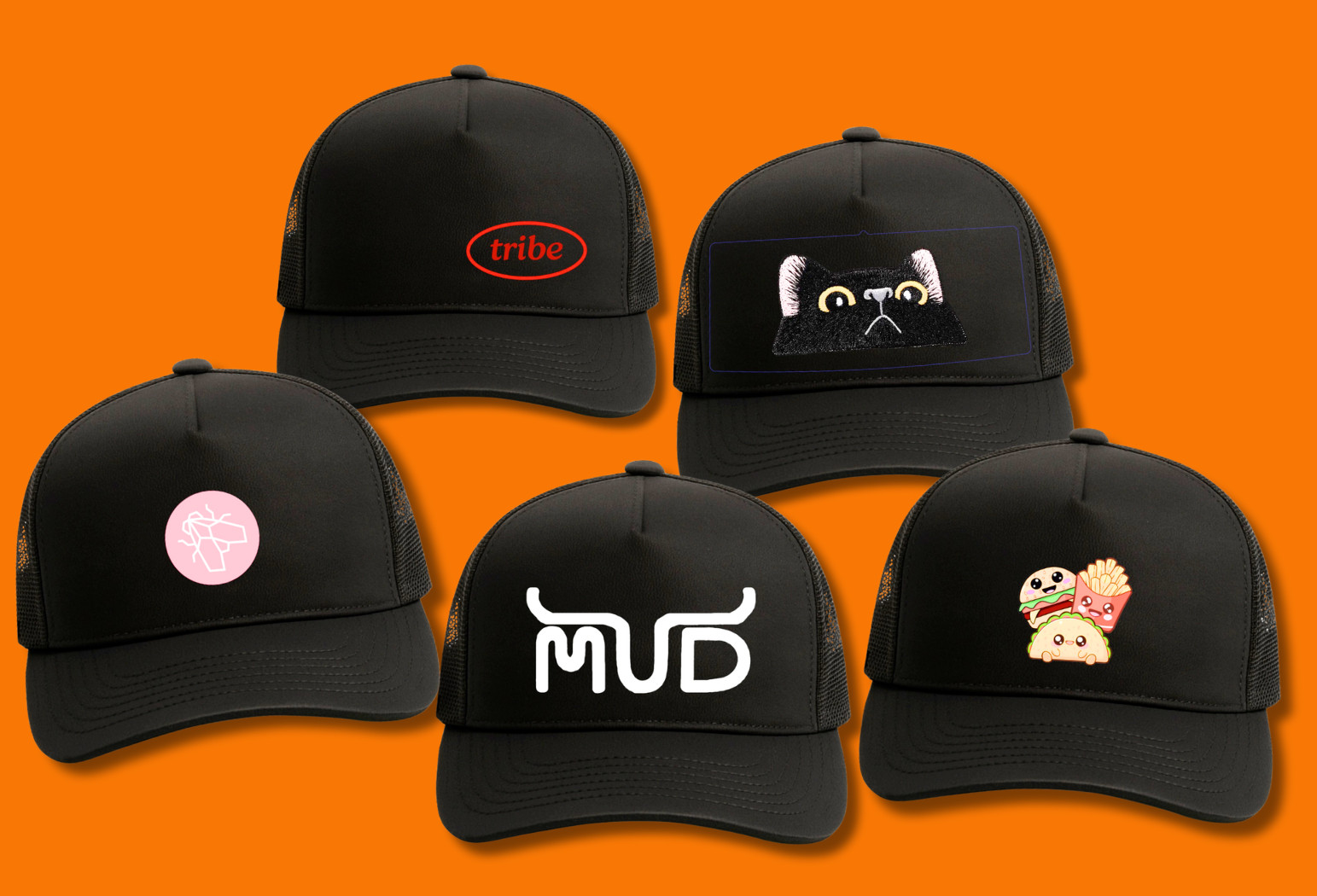 custom hats with various print sizes and locations