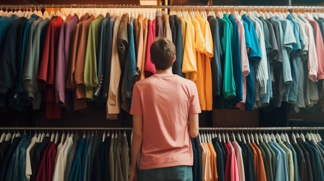 uma pessoa a escolher entre diferentes t-shirts com logótipo personalizado