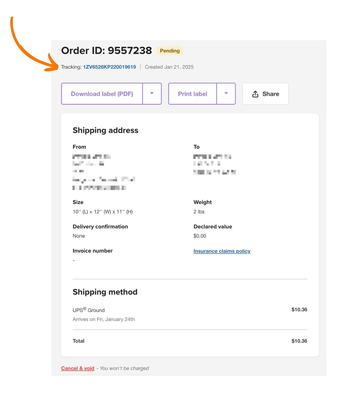 trouvez votre numéro de suivi dans le coin supérieur gauche des détails de votre commande