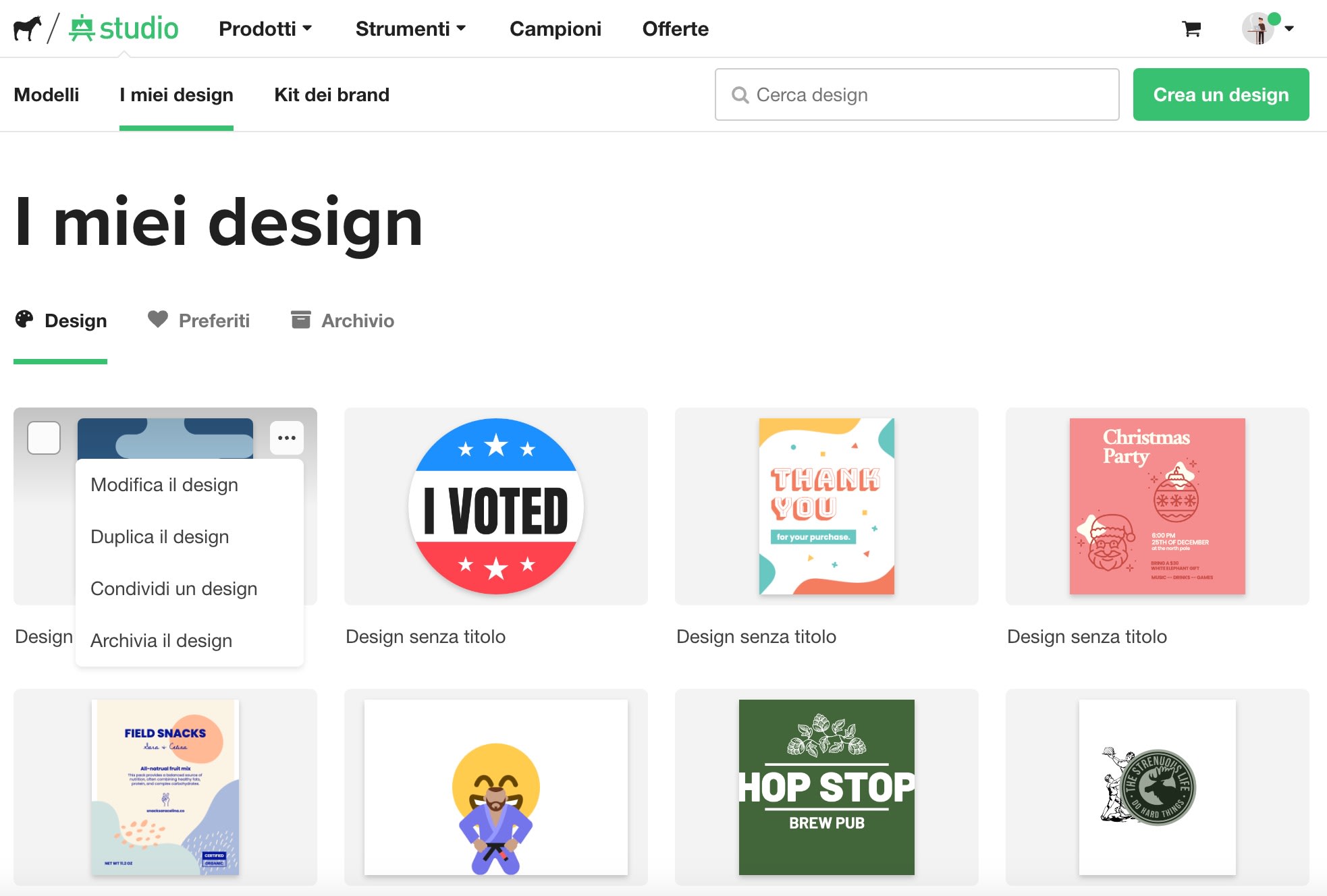 screenshot delle opzioni di design sul programma gratuito di design online studio