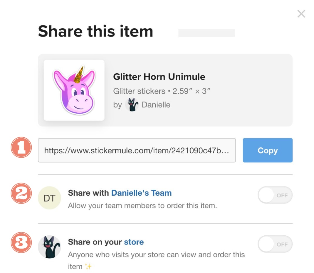 sticker mule account showing different share artwork options