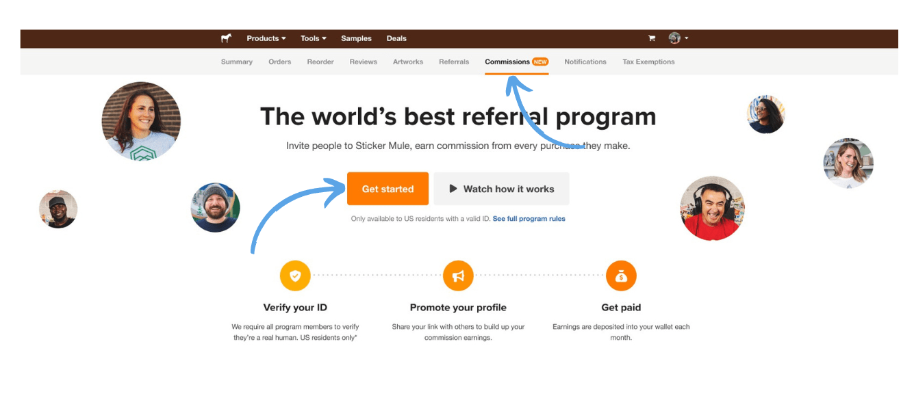  screenshot of where to sign up for the world best referral program on sticker mule