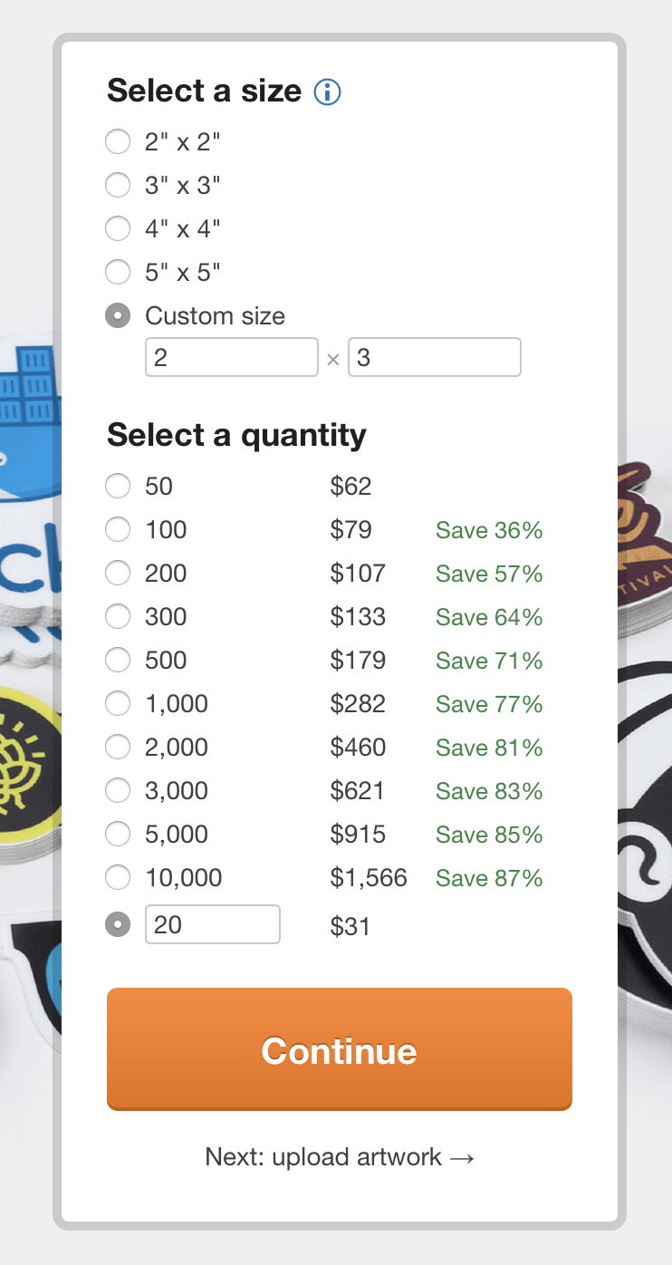 Sélectionner la taille et la quantité de Stickers VSCO