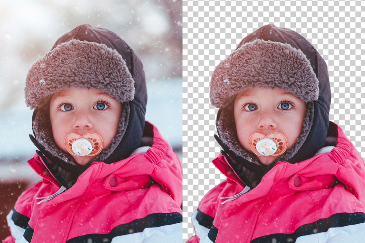  トレースすると雪の中にいる子供の写真から背景が削除されます
