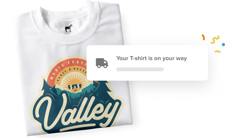 A folded t-shirt with a panel in front of it with shipping information and confetti.